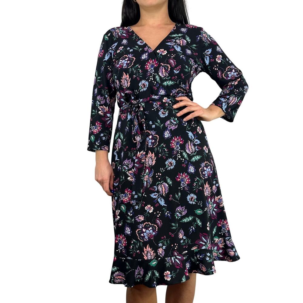 Leota Black Floral Wrap Dress 3/4 Length Sleeves